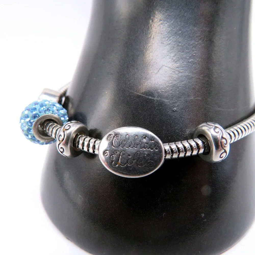 Silver Tone Celebrate Life Angel Charm Bracelet Blue Rhinestone Snake Chain
